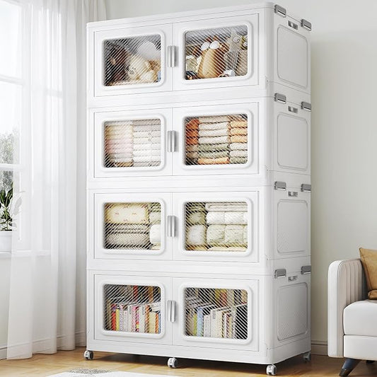 BROVIEW 880 Qt Extra Large Stackable Storage Bin with Lids, 4 Pack White | 220Gal Extra Large, Collapsible Storage Boxes with 4 Lids, Folding& Rolling Plastic Drawer, Heavy-Duty Cabinet Organization by BROVIEW-EnjoytheArtofLife