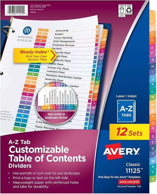 Avery A-Z Dividers for 3 Ring Binders, 26 Tabs per Set, Customizable Table of Contents, Multicolor Tabs, Great for Organizing Reports, Projects, and More (12 Sets of 11125) by Avery