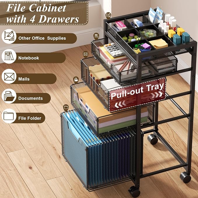 Rolling File Cart with 4 Storage Drawers, Under Desk Organizer with DIY Divider, Moblie Filing Cabinet on Wheels, Fits A4/Letter Size, Metal Utility Cart for Home Office, Black - Image 4
