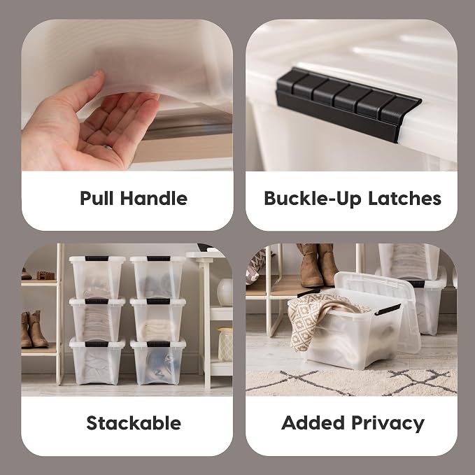 IRIS USA 6-Pack 19 Quart Storage Bins with Lids, Pearl | Conceals contents for a clean look. Great for linens, décor, closet storage, and supplies. Nestable design saves space - Image 3