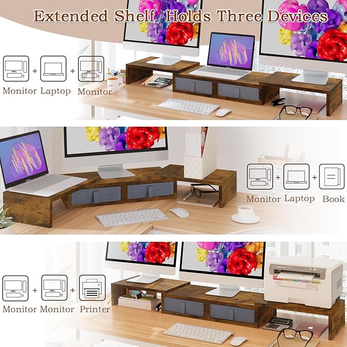 TEAMIX Dual Monitor Stand Riser - Length and Angle Adjustable White Monitor Stand with 2 Drawers to Storage Large Computer Riser for 2 Monitors/Laptop/PC, Wood Screen/TV Stand Desk Organizer (Brown) - Image 2