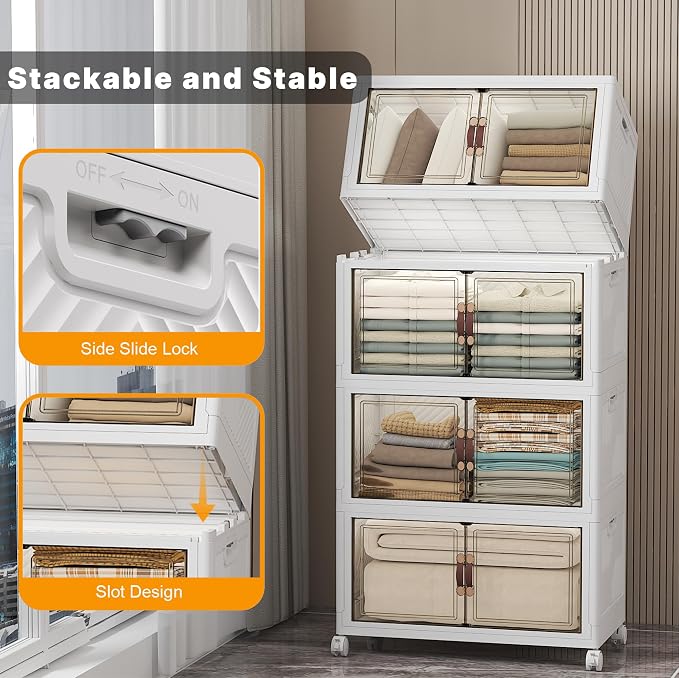 Stackable Storage Bins, 896QT Collapsible Drawers with 2 Lids | Large Capacity, Magnetic Door, Stack Lock, Rolling Wheels, Foldable Design, Organizers and Storage for Bedroom Dorm Garage - Image 6