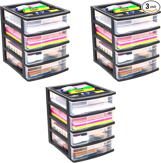 Gracious Living 4 Drawer Desktop & Countertop Organizer w/Organization Lid for Craft Storage, Office Supplies & School Supplies, Black/Clear (3 Pack) by GraciousLiving