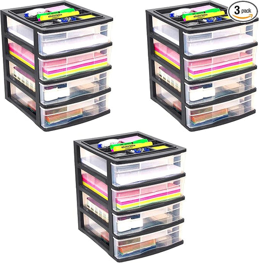 Gracious Living 4 Drawer Desktop & Countertop Organizer w/Organization Lid for Craft Storage, Office Supplies & School Supplies, Black/Clear (3 Pack) by GraciousLiving