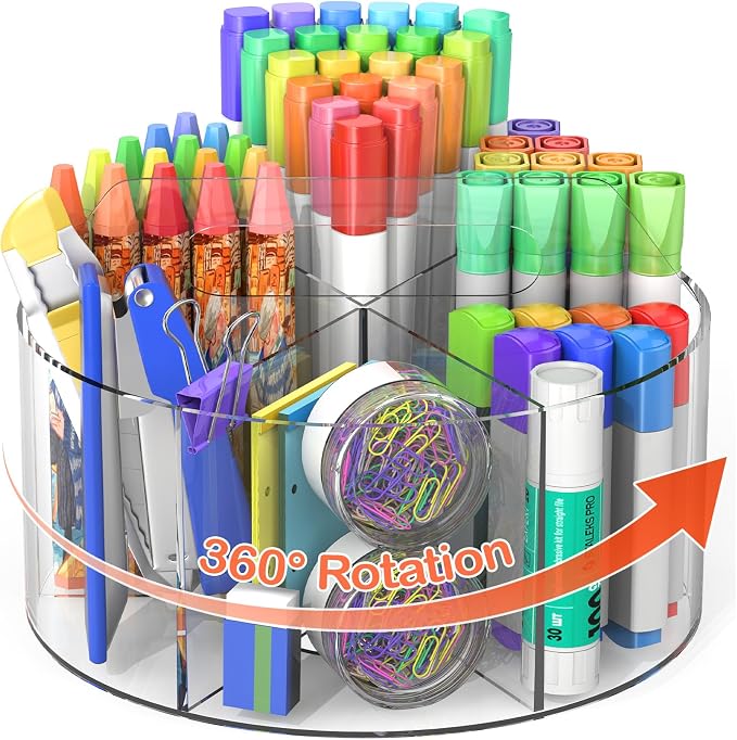 Mefirt Acrylic Pen Holder, 360 Degree Rotating Pen Organizer, Rotating Desk Acrylic Office Organizer with 6 Compartments, Marker Organizer for Kid, Crayon Caddy School Art Supply Storage Organizer by Mefirt