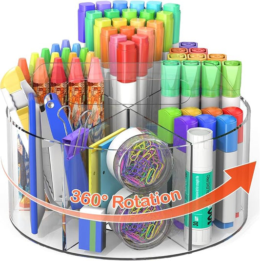 Mefirt Acrylic Pen Holder, 360 Degree Rotating Pen Organizer, Rotating Desk Acrylic Office Organizer with 6 Compartments, Marker Organizer for Kid, Crayon Caddy School Art Supply Storage Organizer by Mefirt