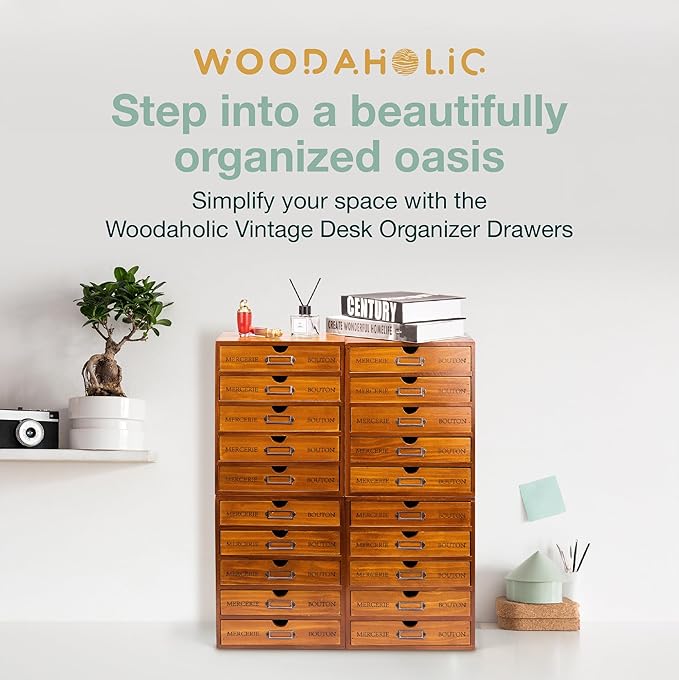 Fully Assembled Modular Stackable 20-Drawer Set of 4 Retro Wood Countertop Organizer Drawers - Mini Filing Cabinets for Desktop - Apothecary Card Catalog Library Storage Drawers w/ Label Holders - Image 3