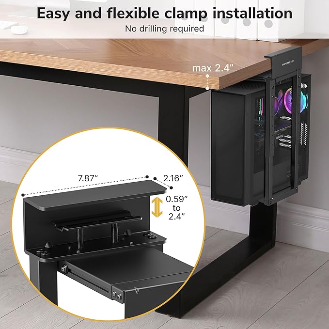 Mount-It! Under Desk PC Mount for Standing Desk, Heavy-Duty Clamp-On CPU Holder, Adjustable Computer Tower Mount for Desk, No-Drill, 66 lb Capacity, Fits Mid & Full Towers - Image 2