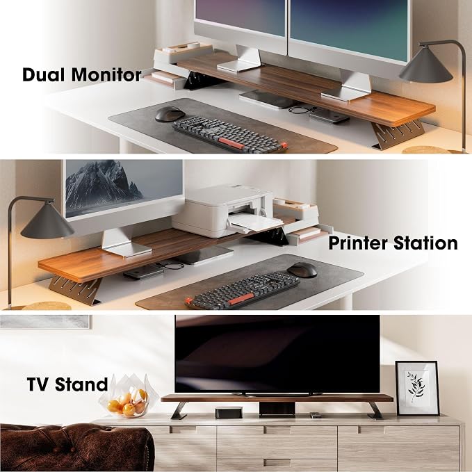 Fenge Monitor Stand Riser, Wooden & Metal Desk Shelf Organizer, Brown | 42.5 Inch Dual Monitor Riser for 2 Monitors, Multifunctional Monitor Shelf for Laptop, PC, Printer - Image 7