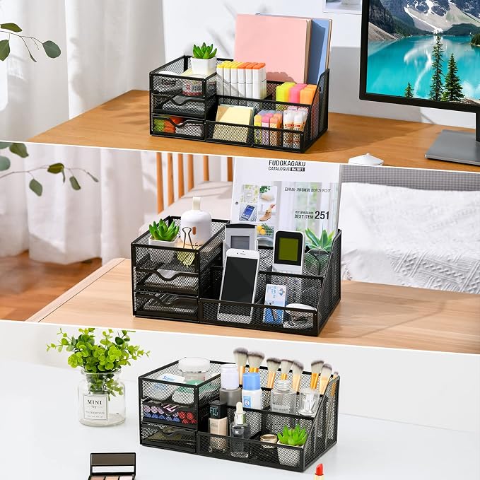 Lavatino Desk Organizer with File Holder+Larger Mesh Desk Organizer with Drawers - Image 8