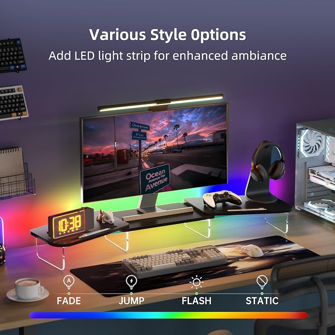 AFOOYO LED Dual Monitor Stand Riser for 2 Monitors,Office Desktop Wooden Stand Adjustable Length and Angle 3 Shelf,Extra Long Multifunctional Stand up to 39.3" for Computer,Laptop,TV,Black - Image 3