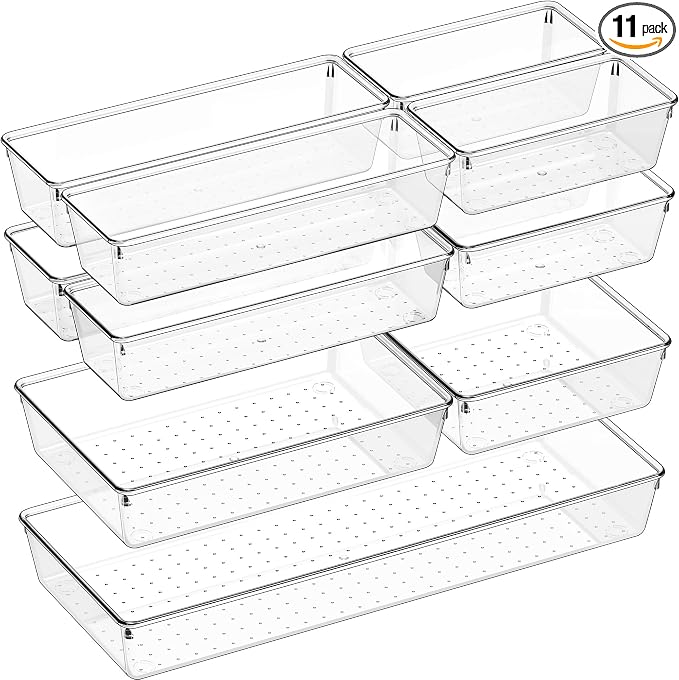 11 PCS Clear Plastic Drawer Organizer Set - 5 Large Size Versatile Kitchen and Bathroom Organizer Trays, Non-Slip Storage Bins for Makeup, Utensils, Tool and Office Desk by Criusia