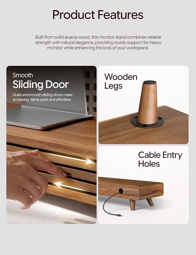 Tinamo 24" Wood Monitor Stand Riser with Sliding Door and Cable Management | Acacia Wood, Ergonomic Design, Fits Most 24"-32" Monitors, Non-slip, Hidden Multi-purpose Storage, All Hardware Included - Image 3