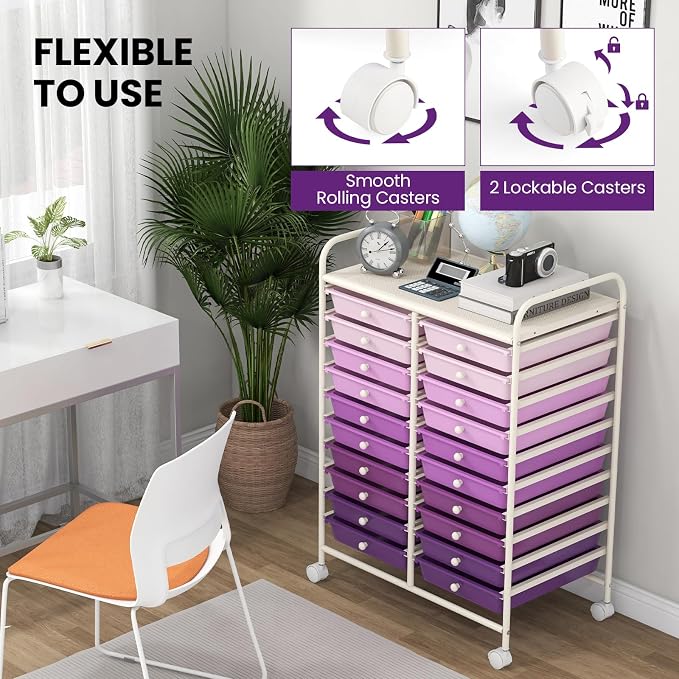 Giantex 20 Drawers Rolling Cart, Mobile Storage Drawer Cart, Classroom Organizer Cart for Office School Supplies Tools Scrapbook Paper Craft Small Printer, Utility Cart on Wheels, Gradient Purple - Image 6