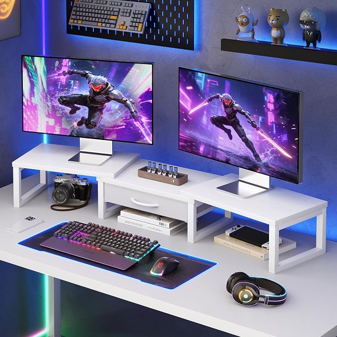 Dual Monitor Stand Riser, Desk Organizers and Accessories with Drawer, Computer Monitor Stands for Desk, Adjustable Desktop Shelf for PC Laptop Printer TV, White - Image 7