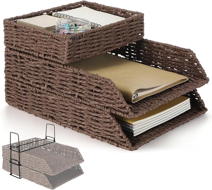 3 Pack Paper Rope Woven Stackable Desk Organizer Letter Tray, Brown Tabletop Desk Basket for Storage Paper Letter Folders Notebooks Copy Print, Workspace Holder by Geelin