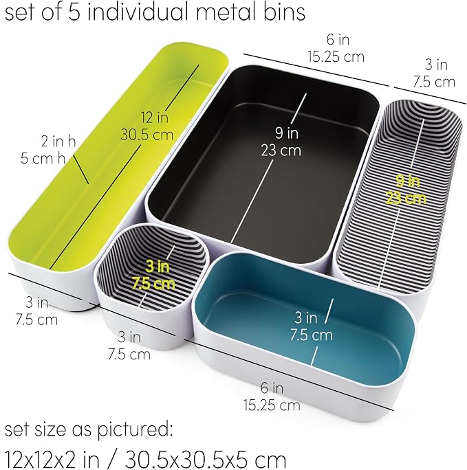 Three by Three Seattle Metal Drawer Organizer Tray Set, 5-Pc, 2" (Assorted) | Deep 2" food-safe metal bins; soft non-scratch base; perfect for kitchen utensils, tools & bulkier drawer items - Image 2