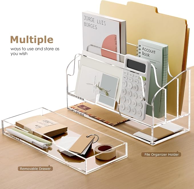 SANRUI Clear Desk Organizer Holder with Drawers, Acrylic File Mail Sorter | 3 Compartments, Desktop Manila Folders Box, Office Desk Accessories & Workspace Envelope Bill Letter Organization Racks - Image 4