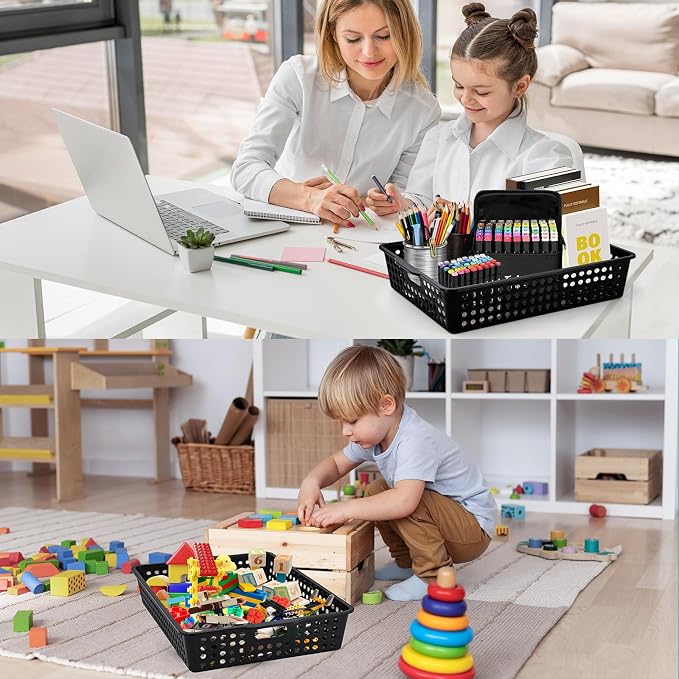 12 Pcs Plastic Storage Baskets Bulk 14 x 10 In Stackable Storage Bin with Handles A4 Size Desktop File Letter Organizer Tray Multi-purpose Container for Shelve Desktop Classroom Office Home Playroom - Image 7