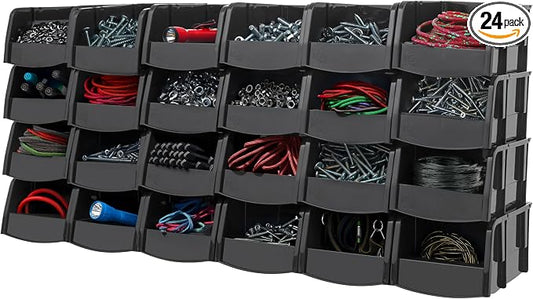 IRIS USA 24-Pack, Extra Small Stackable Storage Bins, Black | Organize small parts, hardware, craft supplies, pantry items, and household essentials with open-front access, stackable bins by IRISUSA