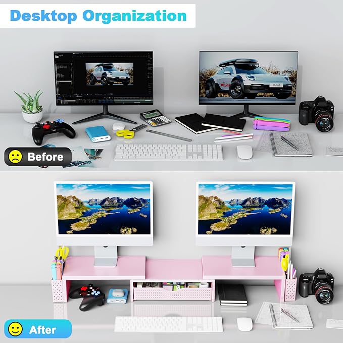 Spacrea Metal Desk Organizers and Accessories, Dual Monitor Stand Riser with Drawer and 2 Pen Holders, Desk Accessories & Workspace Desktop Organizers for Office Supplies (Pink) - Image 3