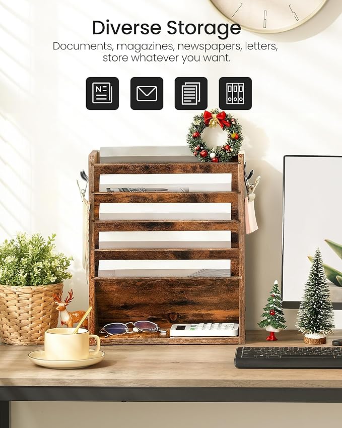 Wall File Organizer, 6-Tier Vertical Mount Hanging Holder with 2 Side Hooks, Vintage Wooden Magazine Storage Crate with Bottom Flat Tray, Desk Organizer, for Office, Home, Rustic Brown MWJ01FG - Image 6