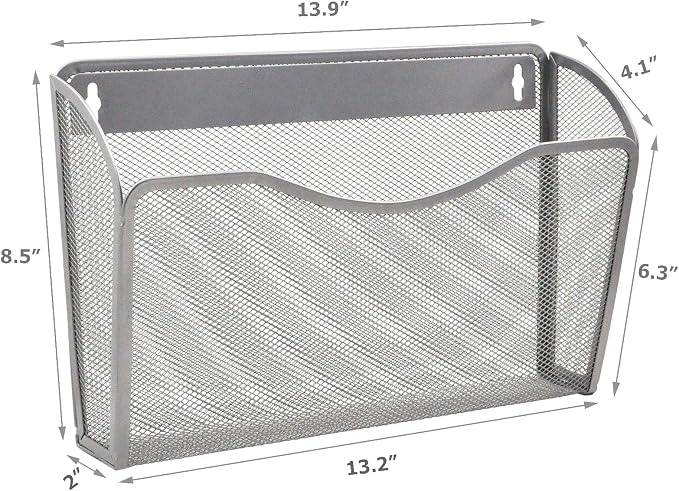 3 Single Pocket Mesh Hanging File Organizer, Vertical Wall Mounted Magazine File Holder, Mount Basket Mail Paper Document Folder Organizing for Office, Home and School, Silver - Image 2