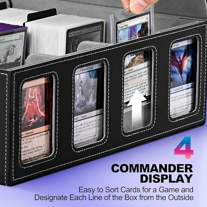 UAONO Trading Card Storage Box with Commander Display, Black Grey | 2400+ Deck Box for MTG with Removable Cover, Top Loaders Card Case Fits Magic TCG PTCG Sports Cards, 24 Dividers, 4 Stoppers - Image 2