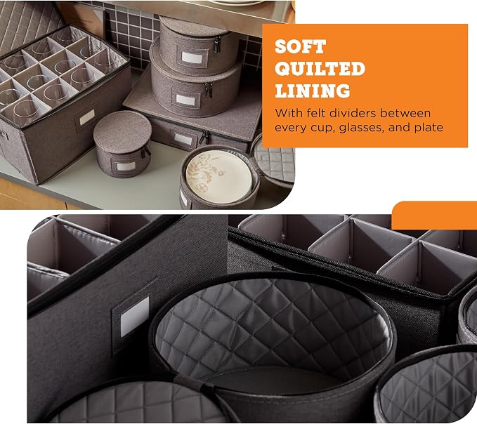 6-Piece China Storage Set | Plates, Mugs & Wine Glasses | Gray | Most Complete Set - Plates, Mugs & Wine Glasses For 12. Hard Shell, Felt-Lined, Stackable. Full China System In One. - Image 5