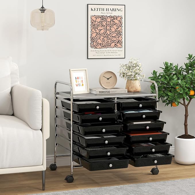 Giantex 12 Drawers Rolling Cart, Mobile Storage Drawer Cart, Classroom Organizer Cart for Office School Supplies Tools Scrapbook Paper Craft Small Printer, Utility Cart on Wheels, Black - Image 2
