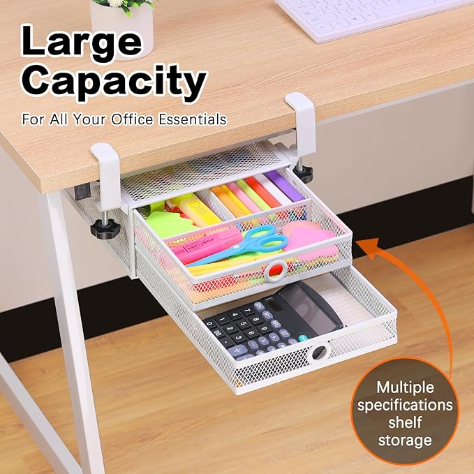 ROSYLINE Under Desk & Desktop Drawer Organizer, 2-Tier Big Capacity | Steel Construction, Clip-On No Drill Installation, Fits A4 Paper, for Office & Household Supplies - Image 2
