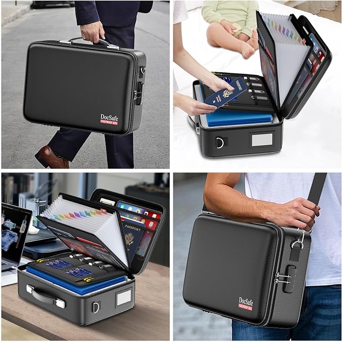 DocSafe Fireproof Document Box with Lock＆Shoulder Strap, Hard-Shell Case File Organizer with Accordion File Folder, Multi-Layer Portable Home Office Travel Safe Storage for Important Documents Laptop - Image 6