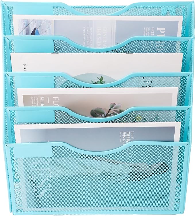 5 Pocket Mesh Hanging Wall File Organizer, Wall Mounted Mail Paper Document Folder Holder, Clipboard Storage Organization Magazine Rack with Nametag Label for Office Home School, Blue - Image 3