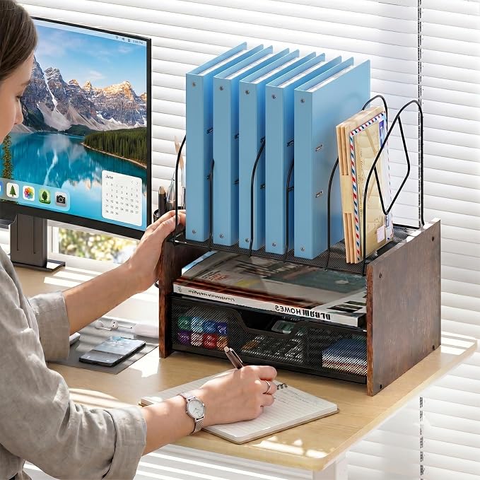 Desk Organizer with Drawer, Desktop File Organizer and Paper Tray Organizer with Vertical File Holder, Office Desk Accessories for Mail, Documents, Papers, Notebooks and Home Office Storage - Image 4