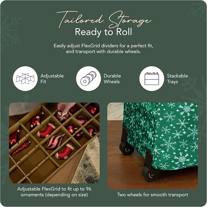 Covermates Keepsakes Rolling Adjustable Ornament Storage Bag – Heavy-Duty Polyester, FlexGrid Trays & Padded Dividers – Protective Holiday Organizer with Wheels, Handles & ID Window, Green Snowflake - Image 5