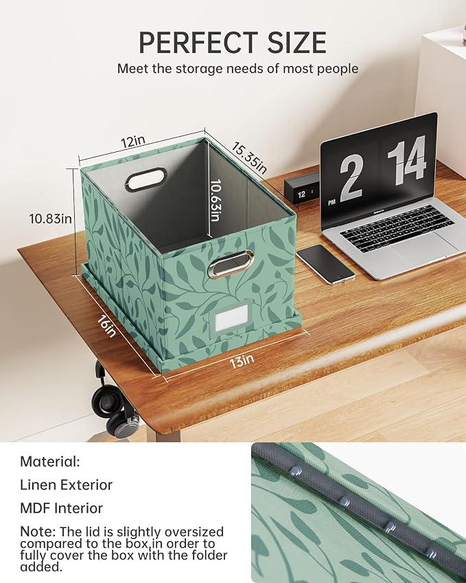 2 Pack File Storage Organizer, Document Organizer, Portable File Box with Lid, Fit for Letter/Legal File Folder Storage,Leaf Green-Box only - Image 2