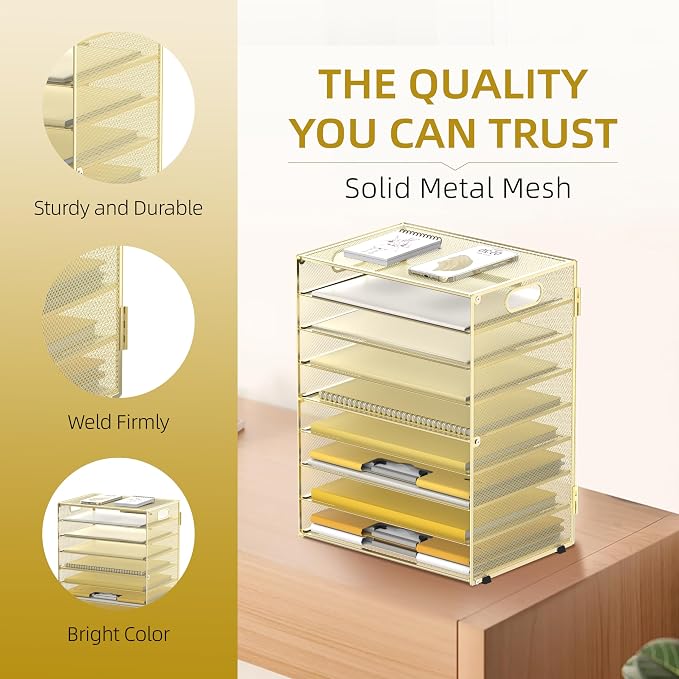 9-Tier Paper Organizer for Desk, Metal Mesh Letter Tray with Handles, Gold | Desk File Organizer with Removable Trays for Sorting Files, Folders, Mail and Printer Paper at Home, School or Office - Image 5
