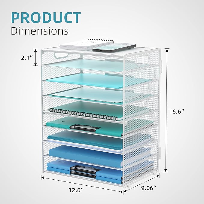 9-Tier Paper Organizer for Desk, Metal Mesh Letter Tray with Handles, White | Desk File Organizer with Removable Trays for Sorting Files, Folders, Mail and Printer Paper at Home, School or Office - Image 3