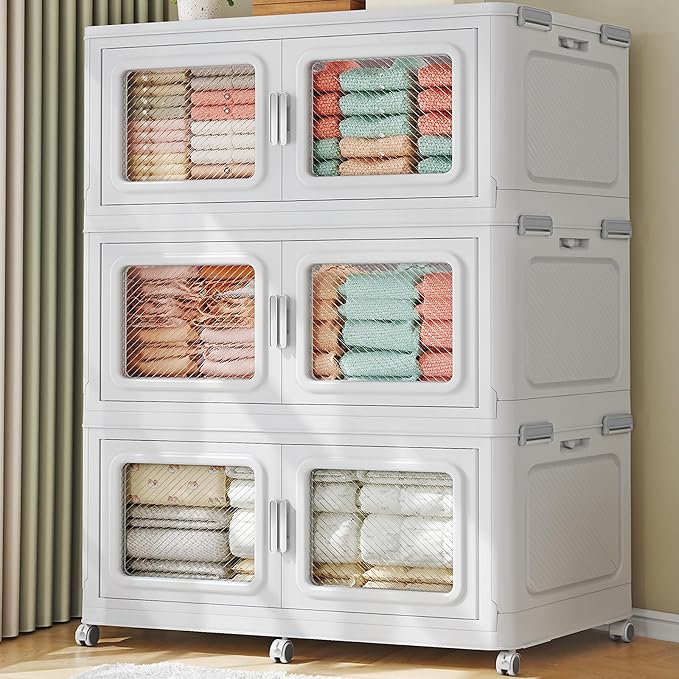 BROVIEW 660 Qt Extra Large Stackable Storage Bin with Lid, 3 Pack White | 165Gal Extra Large, Collapsible Storage Boxes with 3 Lids, Folding& Rolling Plastic Drawer, Heavy-Duty Cabinet Organization by BROVIEW-EnjoytheArtofLife