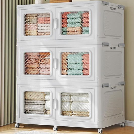 BROVIEW 660 Qt Extra Large Stackable Storage Bin with Lid, 3 Pack White | 165Gal Extra Large, Collapsible Storage Boxes with 3 Lids, Folding& Rolling Plastic Drawer, Heavy-Duty Cabinet Organization by BROVIEW-EnjoytheArtofLife