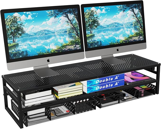 Simple Trending 2-Tier Metal Dual Monitor Stand with USB & 2 Drawers, Black | 32"W x 10"D x 7"H. USB 2.0 + charging port. 2 drawers. Mesh cooling vents. Holds 100 lbs. Non-slip base. Cable ties included. - Image 2