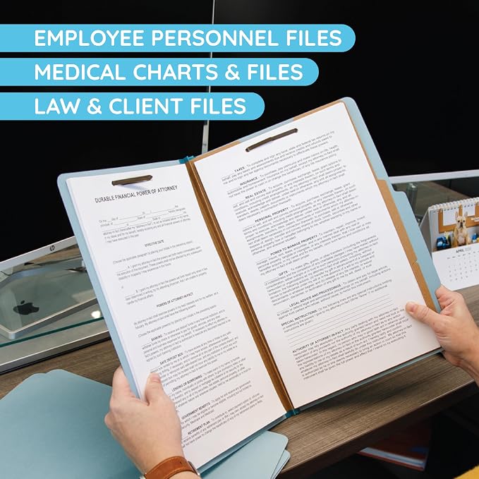 Blue Summit Supplies 30 Light Blue Classification Folders, 2 Divider, Legal | Heavy duty 25pt pressboard, 2 dividers, 6 partitions, 2 in expansion, 2 prong, legal charts, law client files - Image 4