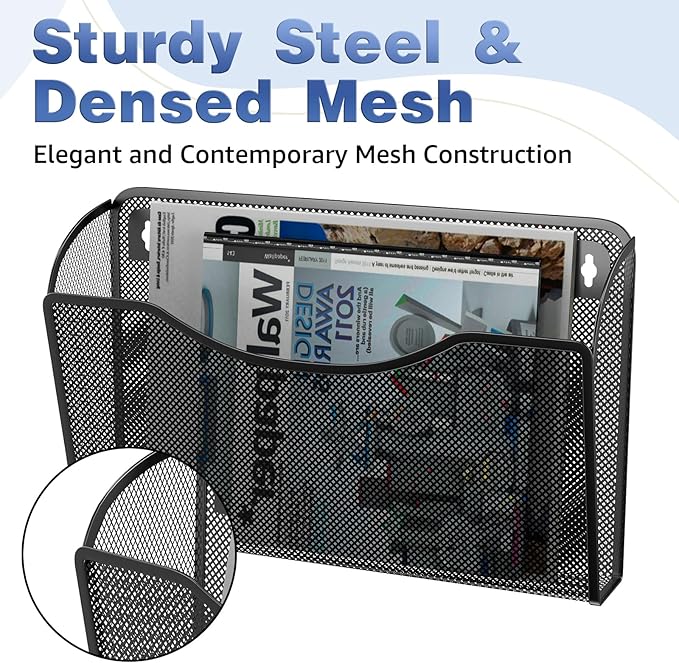 MINDEPOT Wall File Organizer, Hanging Wall File Holder, 6 Pack, Black | Heavy Duty Iron, Metal Mesh Wall Mount, Single Pocket, Mail Organizer, for Office School Classroom Home, Letter A4 Size - Image 3
