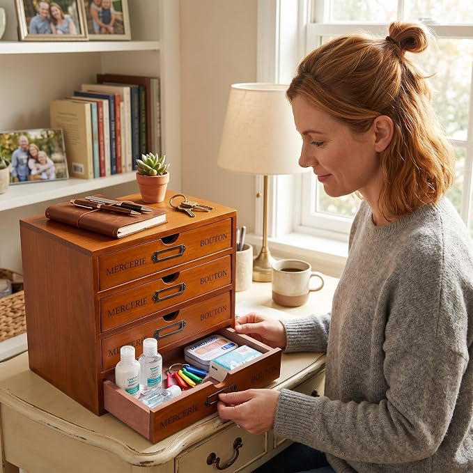 Wesiti Wooden Desk Organizer with 4 Drawers, Vintage Rustic Storage Cabinet for Home Office, Craft Room, Jewelry, Sewing Supplies - Apothecary Wood Desktop Drawer Box, Pre-assembled, Brown - Image 5