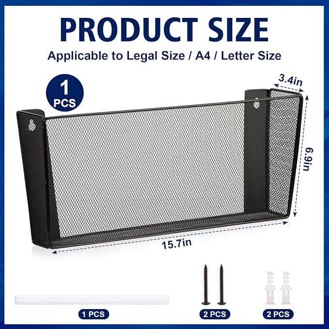 Single Pocket Wall File Holder Legal Size Metal Mesh Hanging File Folder Paper Organizer Black Wall Mounted Mail Organizer Magazine Rack for Office Home School 15.7" L x6.9 Wx3.4 H - Image 2