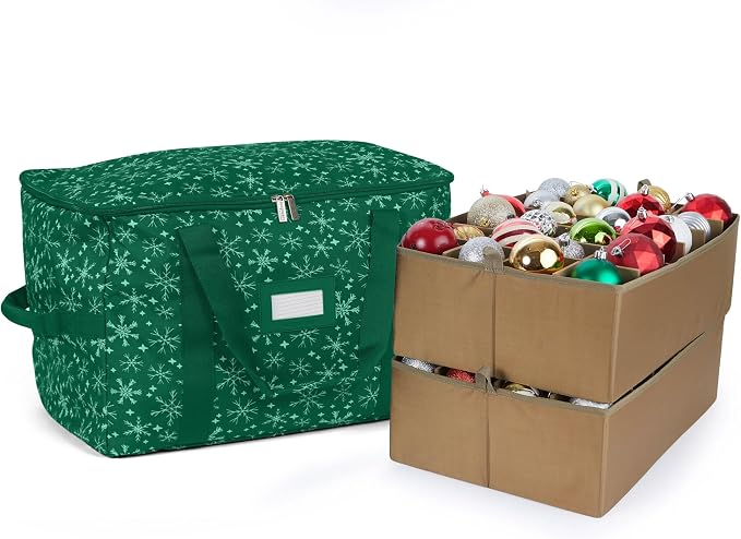 Covermates Keepsakes Adjustable Ornament Storage Bag – Heavy-Duty Polyester, Padded Dividers & FlexGrid Trays – Protective Holiday Ornament Organizer with Handles & Label Window, Green Snowflake by Covermates