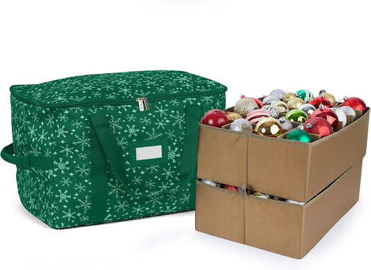 Covermates Keepsakes Adjustable Ornament Storage Bag – Heavy-Duty Polyester, Padded Dividers & FlexGrid Trays – Protective Holiday Ornament Organizer with Handles & Label Window, Green Snowflake by Covermates