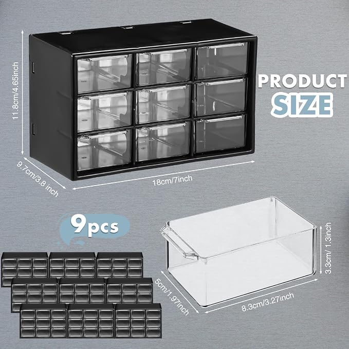 Rtteri 9 Pieces Mini Drawer Organizer Plastic Desktop Storage Box Desk Craft Organizer with 9 Clear Drawers for Office Home Jewelry Small Parts Belongings Cosmetics Collection, Wall Mounted (Black) - Image 3