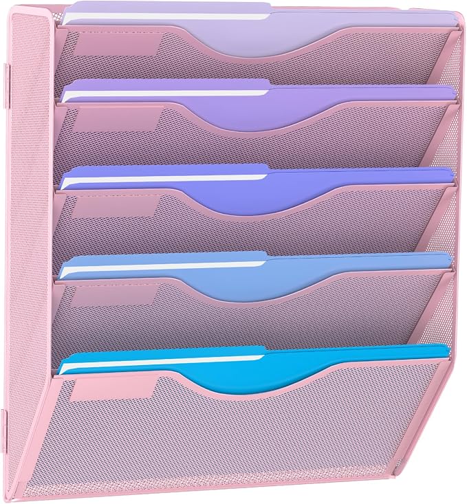 Gawerk 5 Tier Hanging Wall File Organizer, Mesh Mail Paper Orgnization Hanging File Folder Holder for Home Office, Pink by Gawerk