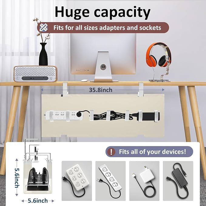36" Under Desk Cable Management Tray for Home Office, No Drill Cord Organizer for Glass & Wood Table, Anti-Sag Oxford Fabric Wire Management Hider, Fits Surge Protector (Beige, 35.8") - Image 2